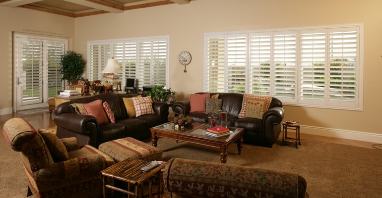 Indianapolis family room with french door shutters.